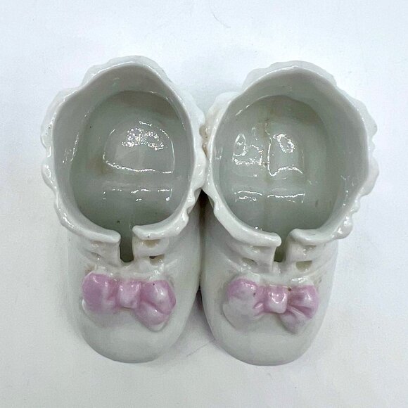 Vintage 70s Porcelain Baby Booties Pink Bow White Nursery Decor - Picture 5 of 8